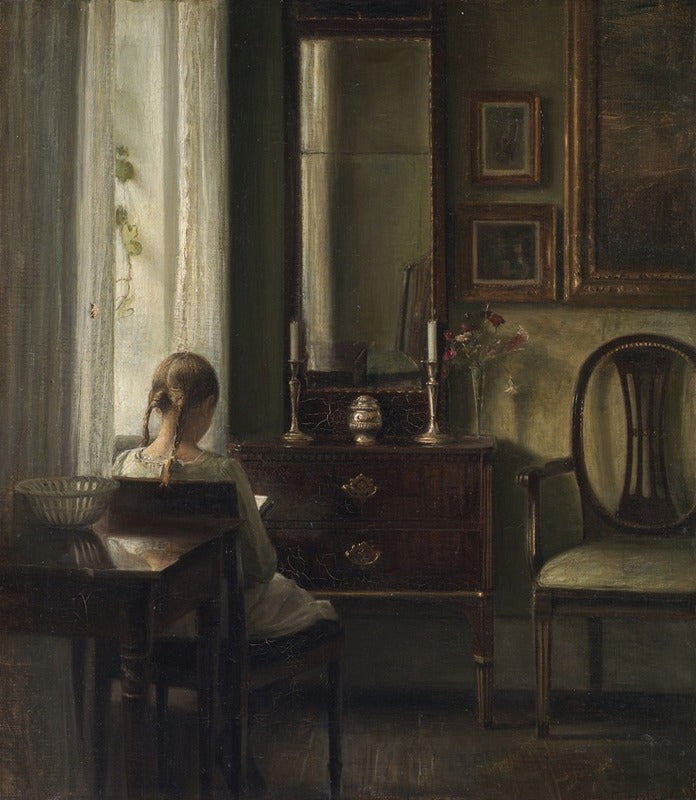 Interior Scene with a Girl Reading Poster Print by Carl Holsøe, 1903