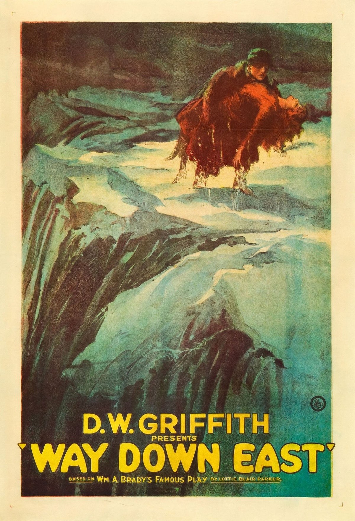 Way Down East movie poster featuring Richard Barthelmess and Lillian Gish, 1920 classic film artwork.