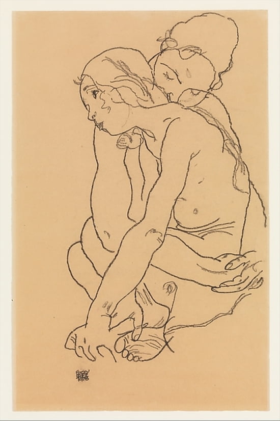 Two Women Embracing Art Print by Egon Schiele in 8x10 size.