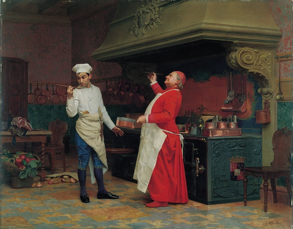 The Marvelous Sauce art print by Jehan Georges Vibert, vintage artwork, available in multiple sizes.