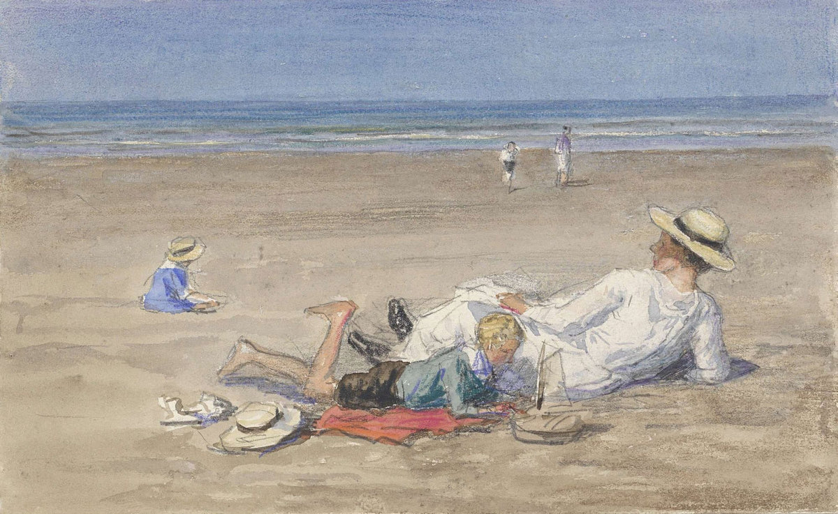Resting Nanny with Two Children on the Beach Poster Print by Johan Antonie De Jonge