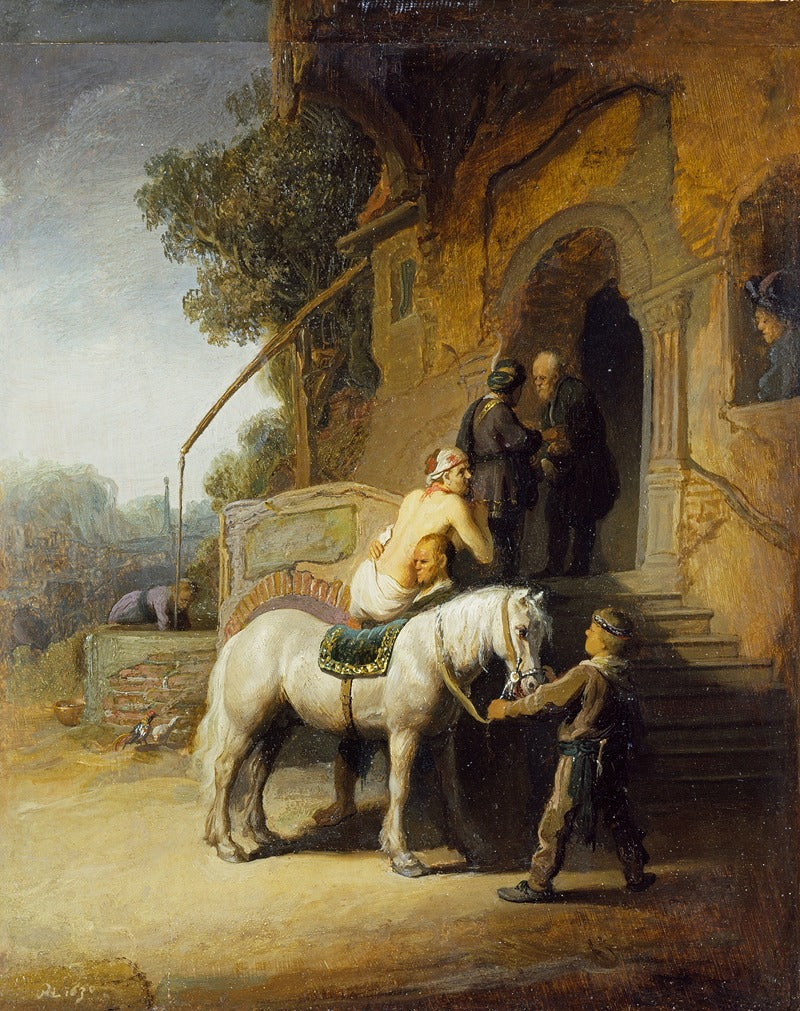 The Good Samaritan poster print by Rembrandt van Rijn, depicting compassion and kindness.
