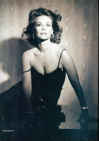Natalie Wood photo print in black dress with off-the-shoulder style.