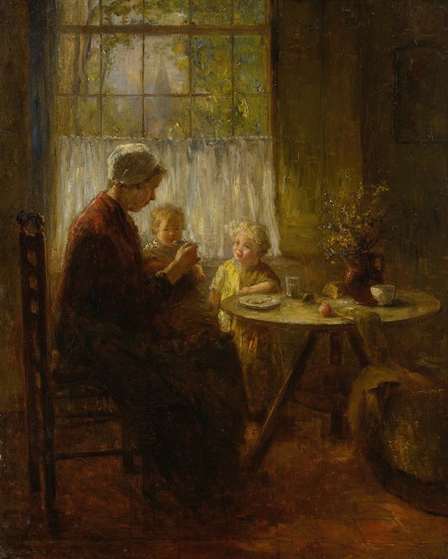 Mother Feeding Her Child fine art print by Bernard de Hoog, showcasing a tender moment between mother and child.