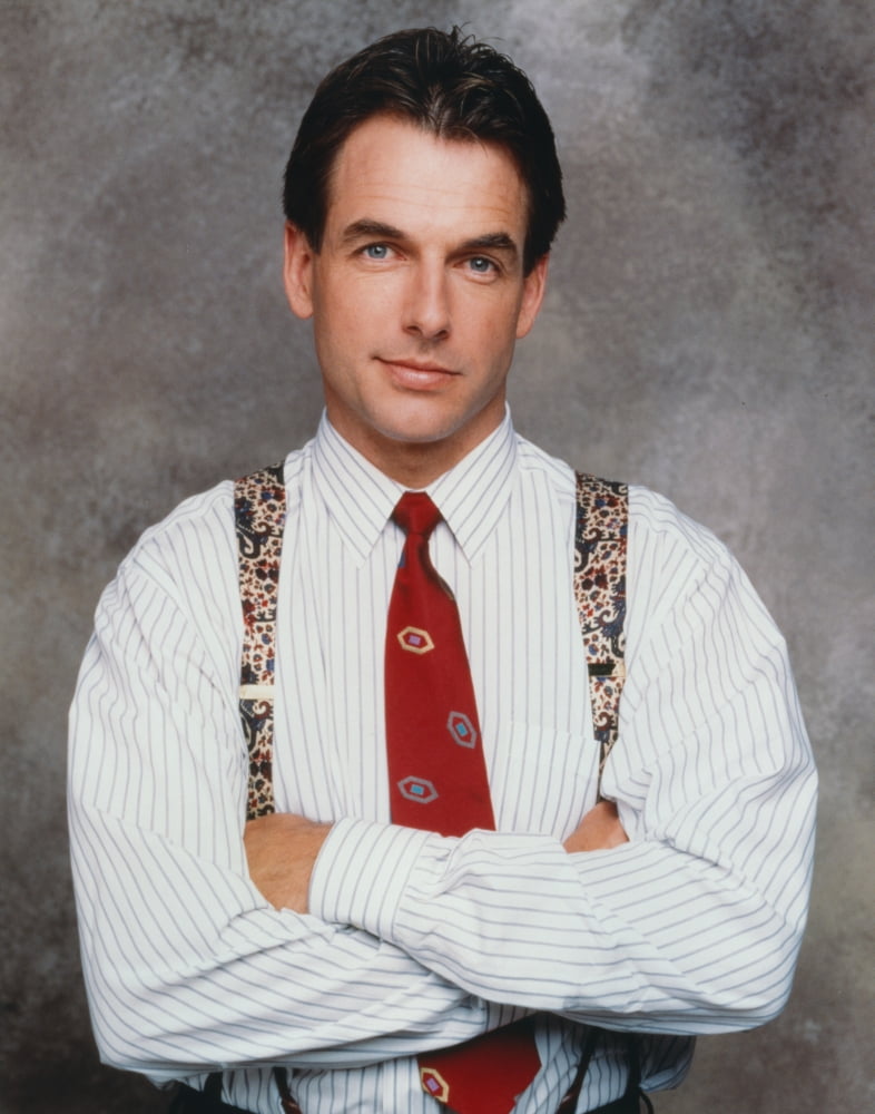 Mark Harmon portrait photo print in white striped collar shirt.