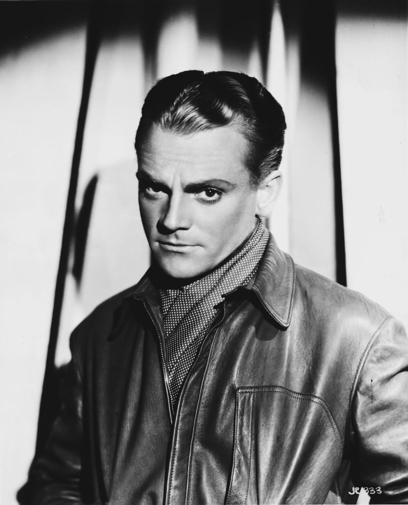 James Cagney wearing a leather jacket photo print, classic Hollywood style.