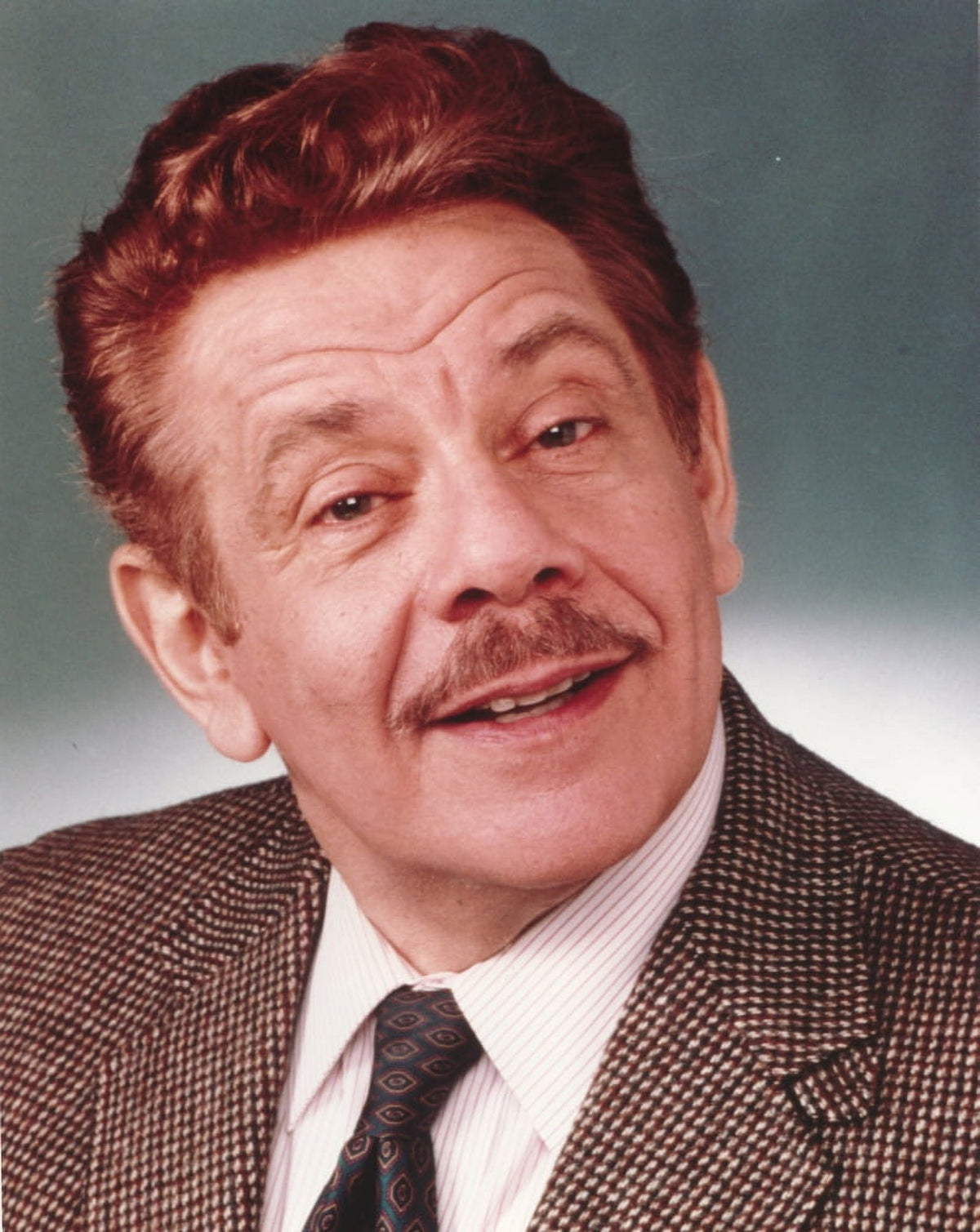 Jerry Stiller portrait photo print in brown gingham suit and black necktie.