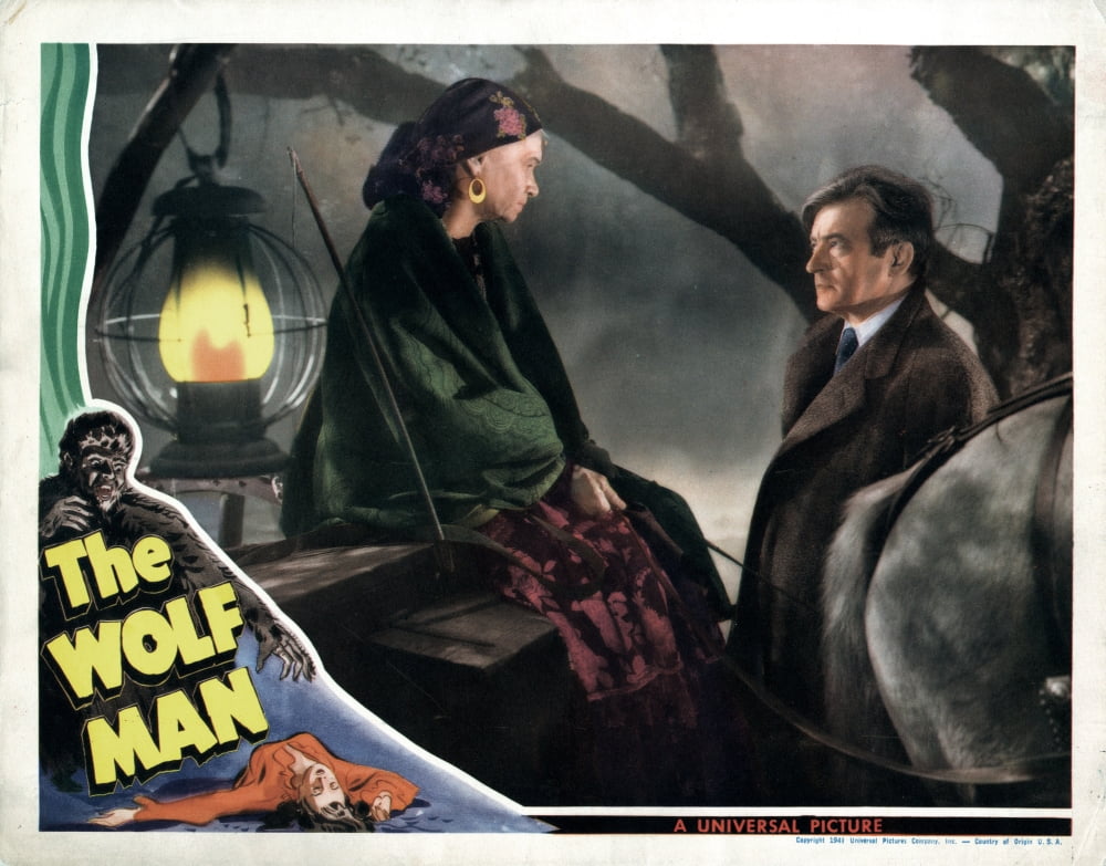 The Wolf Man movie poster featuring Maria Ouspenskaya and Claude Rains, classic horror film art.
