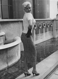Jayne Mansfield vintage photo print next to a water fountain