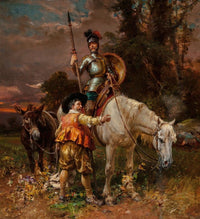 Don Quixote and Sancho Panza art print by Cesare Auguste Detti, featuring vibrant colors and intricate detail.
