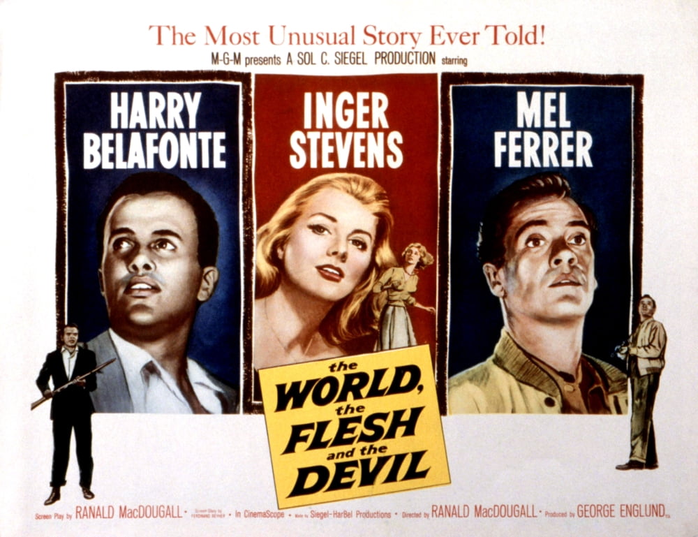 The World, The Flesh And The Devil movie poster featuring Harry Belafonte, Inger Stevens, and Mel Ferrer.
