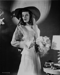 Black and white photo print of Katharine Hepburn in a classic pose