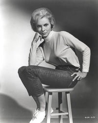 Janet Leigh seated in a white high neck linen dress photo print