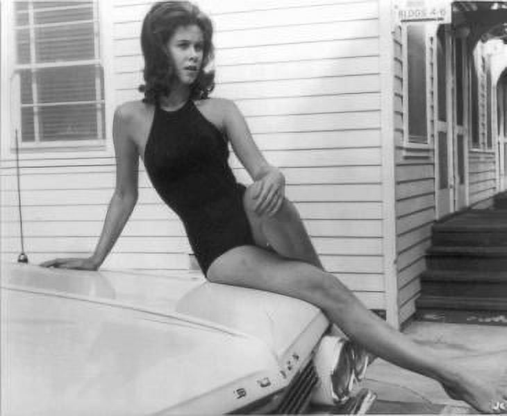 Elizabeth Montgomery photo print in black leotard sitting on car.