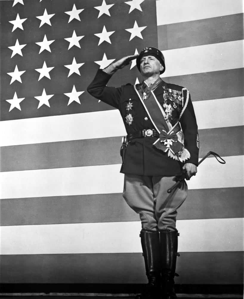 George C. Scott saluting in front of American flag photo print
