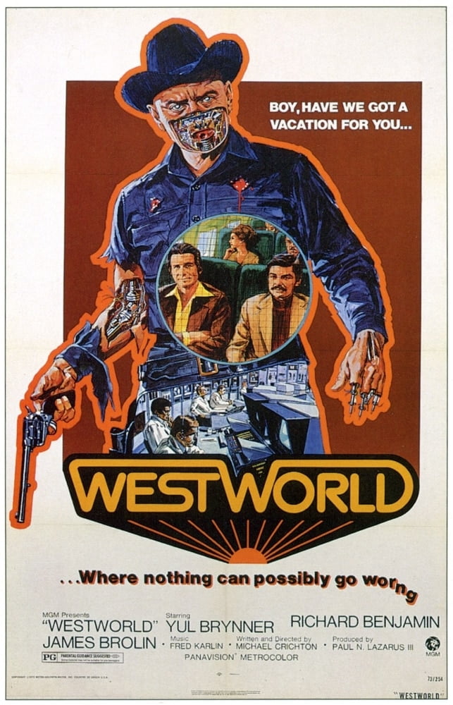 Westworld Movie Masterprint Poster featuring Yul Brynner and James Brolin, 1973 film.