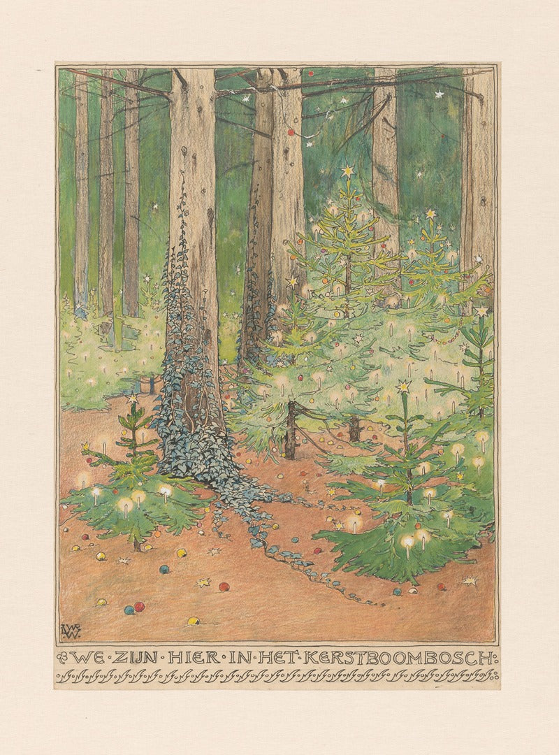 Bos met Versierde en Verlichte Kerstbomen poster print by Willem Wenckebach featuring decorated Christmas trees.