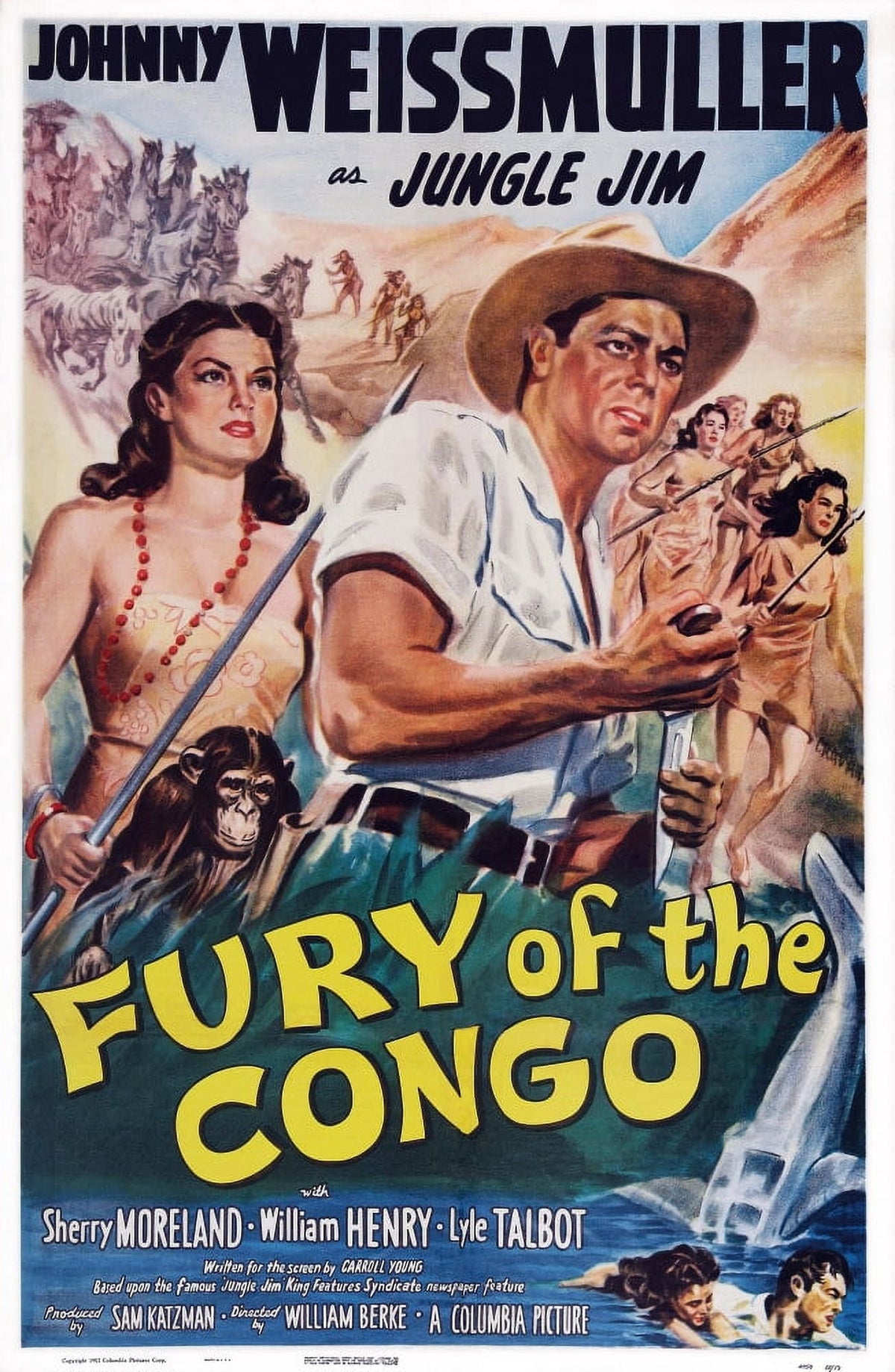 Fury of the Congo movie poster featuring Johnny Weissmuller in vibrant colors.