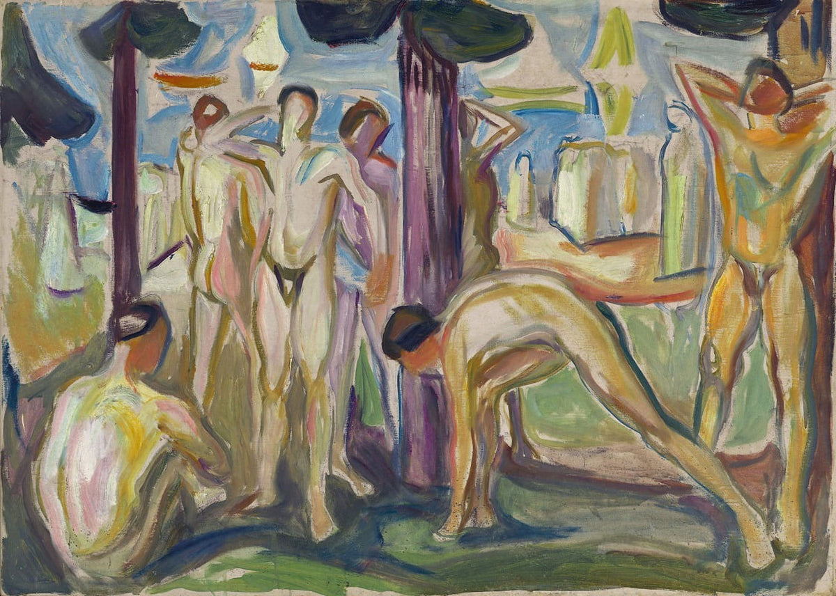 Naked Men in Landscape art print by Edvard Munch on premium heavy stock paper.