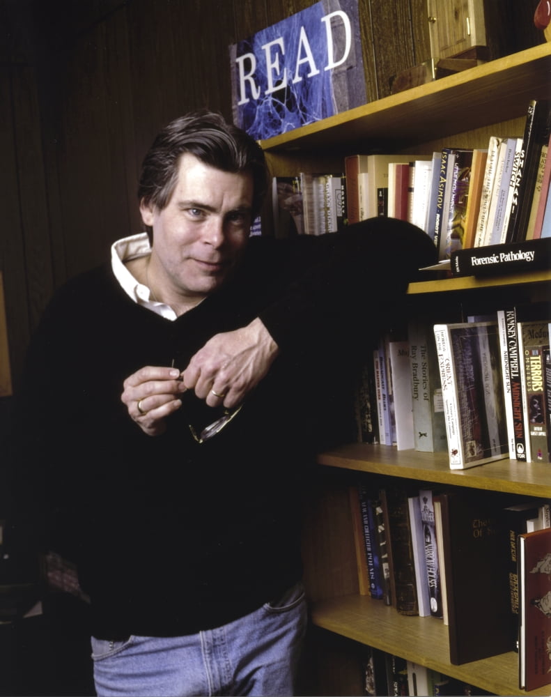 Stephen King in black sweater photo print, perfect for literary decor.