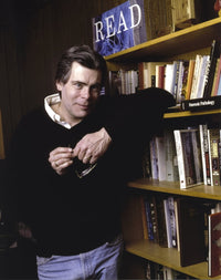 Stephen King in black sweater photo print, perfect for literary decor.