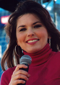 Shania Twain close-up photo print in red sweater.