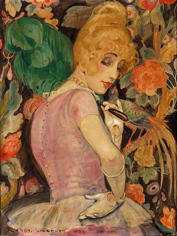 Portrait of Lili Elbe with Green Feather Fan by Gerda Wegener poster print