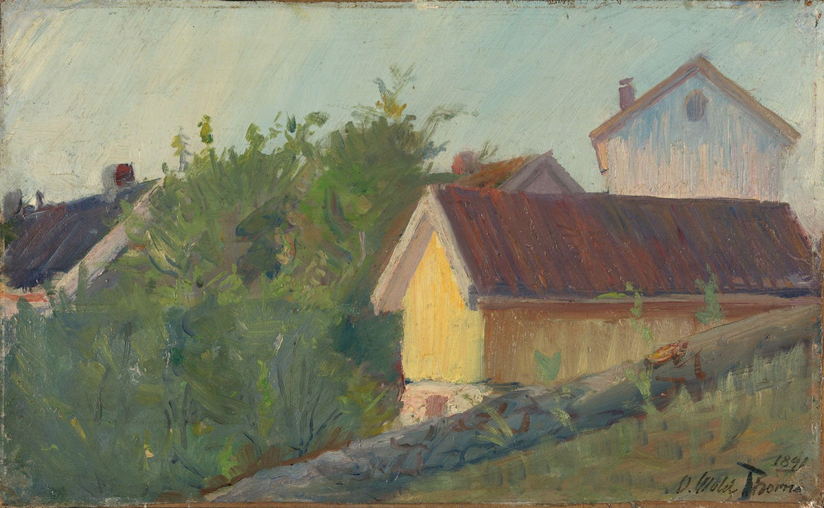 Houses in Son (1891) art print by Oluf Wold-Torne showcasing a tranquil village scene.