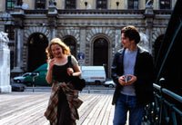 Before Sunrise photo print featuring Julie Delpy and Ethan Hawke, a romantic film classic.