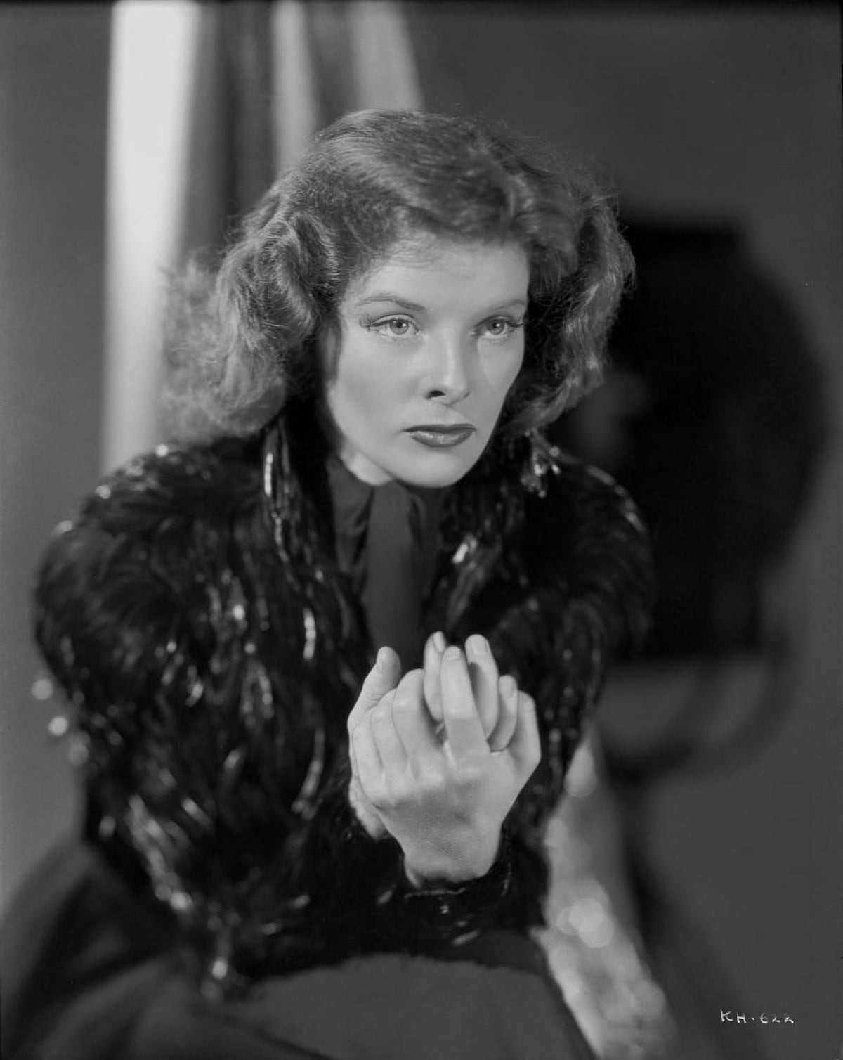 Katherine Hepburn posed in a classic black dress photo print
