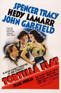 Tortilla Flat movie poster featuring Spencer Tracy, John Garfield, and Hedy Lamarr in 1942.