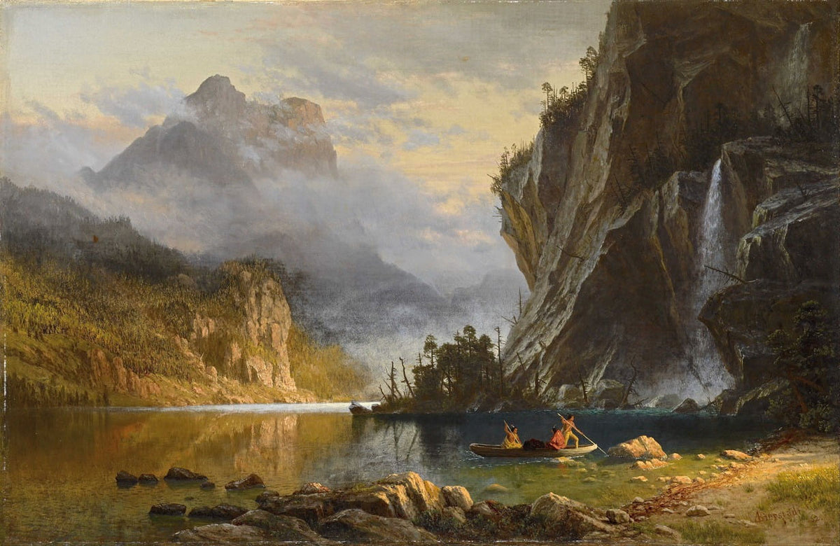 Indians Spear Fishing art print by Albert Bierstadt, capturing Native Americans fishing