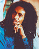 Bob Marley photo print in blue shirt, reggae music icon.