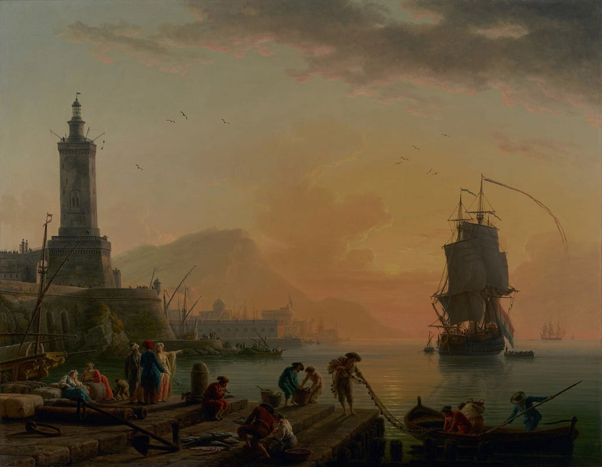 A Calm at a Mediterranean Port art print by Claude-Joseph Vernet, depicting a tranquil coastal scene.