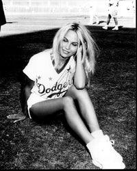 Pamela Anderson black and white photo print in Dodgers jersey