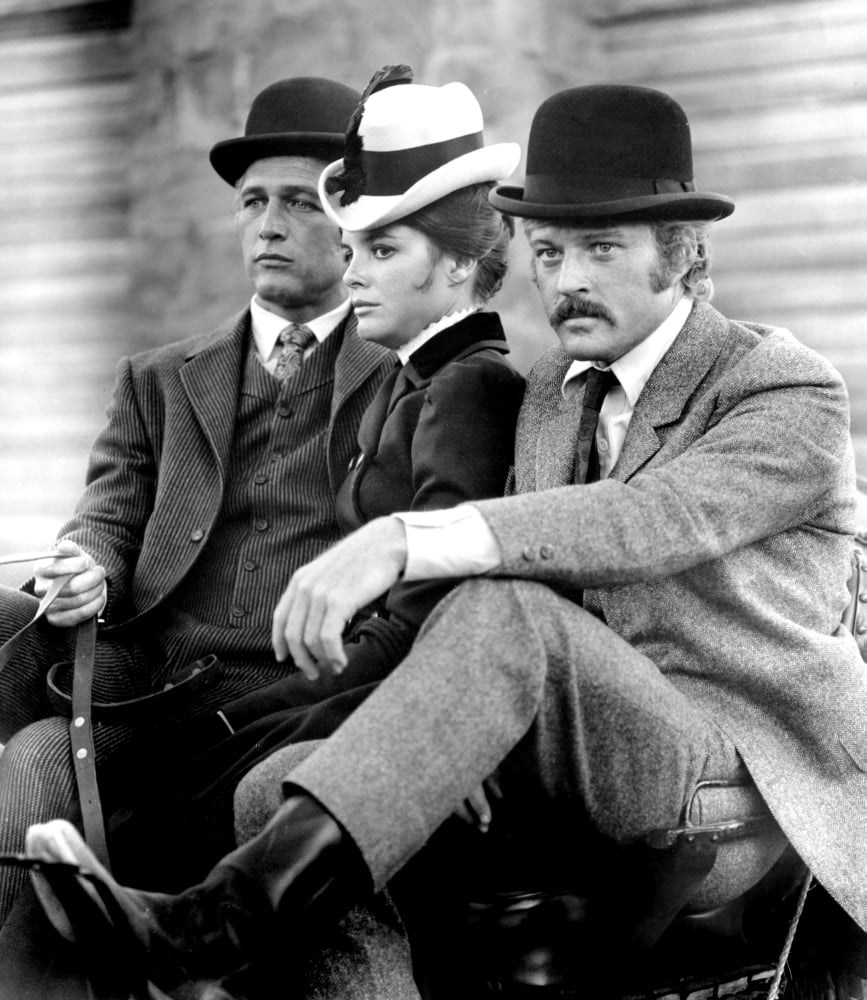 Butch Cassidy and the Sundance Kid photo print featuring Paul Newman, Katharine Ross, and Robert Redford.