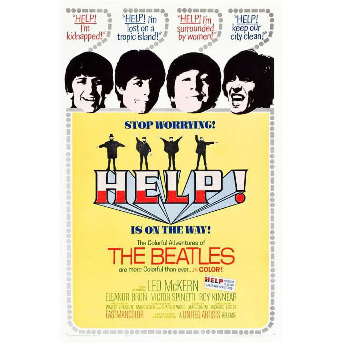 The Beatles Help! movie poster art print featuring Ringo Starr, Paul McCartney, John Lennon, and George Harrison.