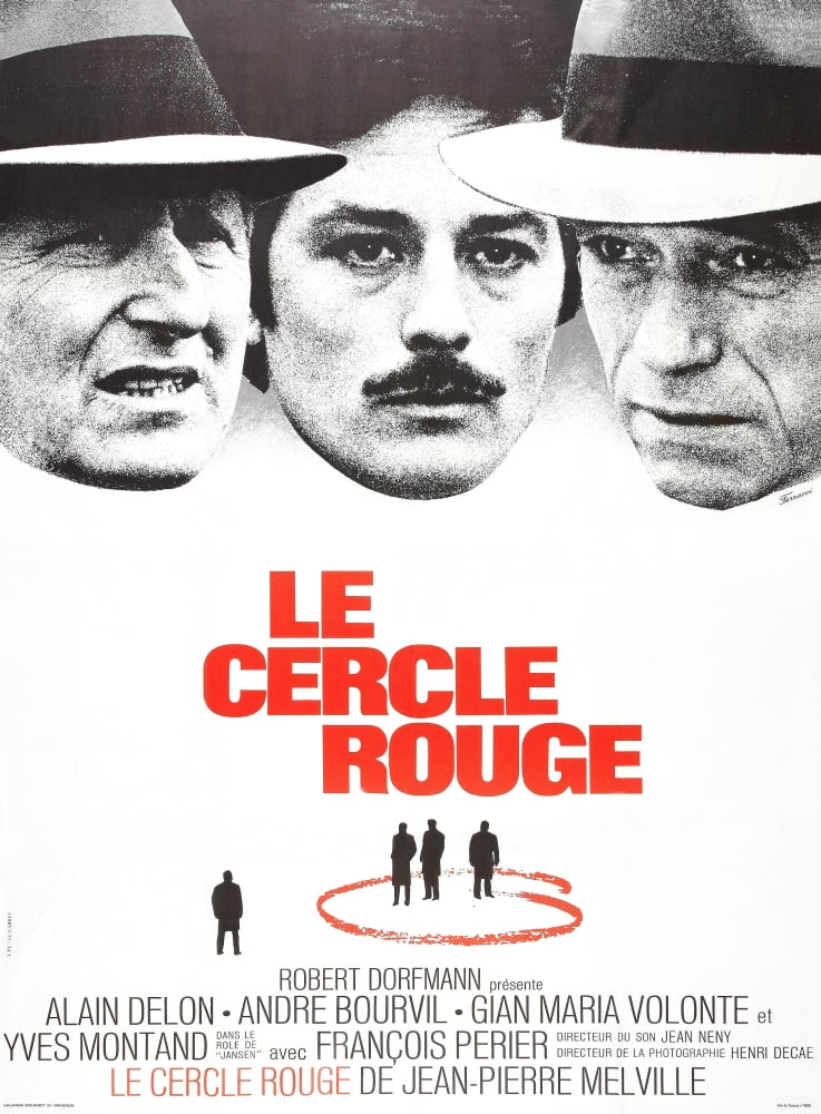 The Red Circle movie poster print featuring André Bourvil, Alain Delon, and Yves Montand from the 1970 classic film.