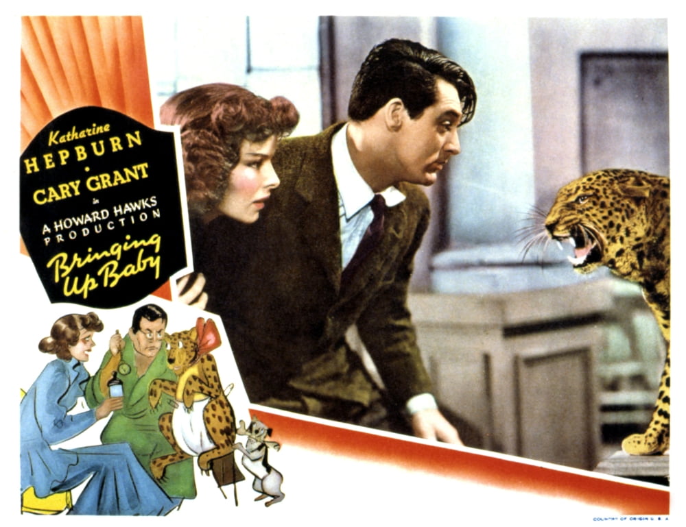 Bringing Up Baby movie poster featuring Katharine Hepburn and Cary Grant