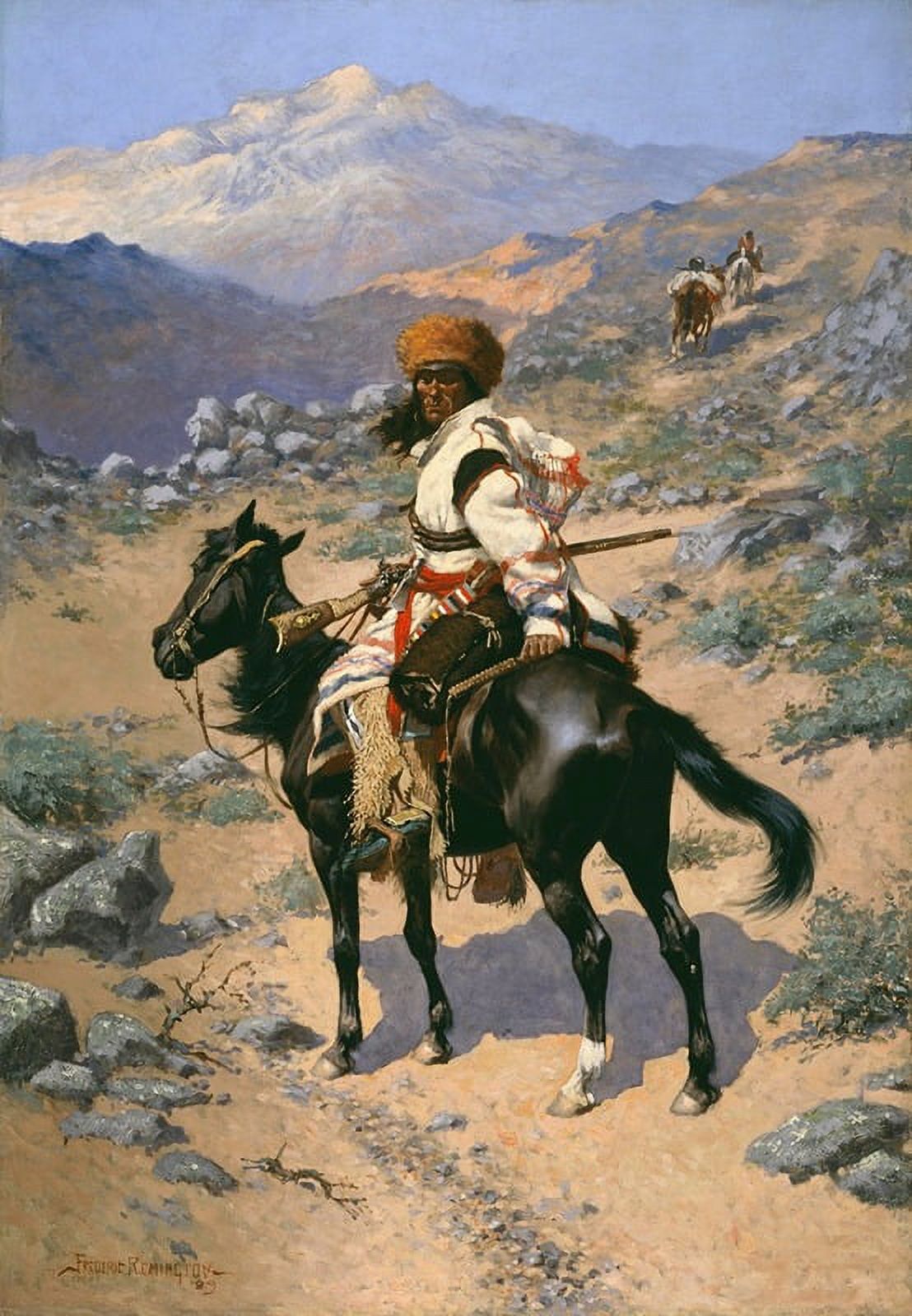 An Indian Trapper fine art print by Frederic Remington showcasing a rugged American landscape.
