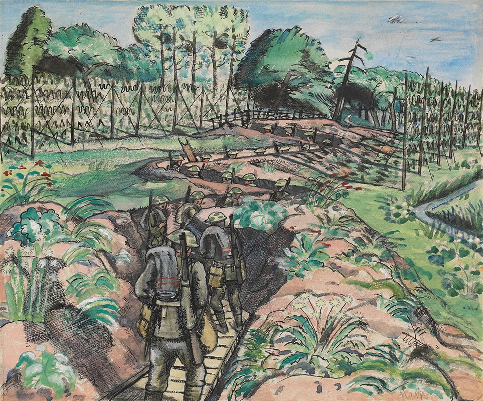 Leaving the Trenches art print by Paul Nash, available in multiple sizes.