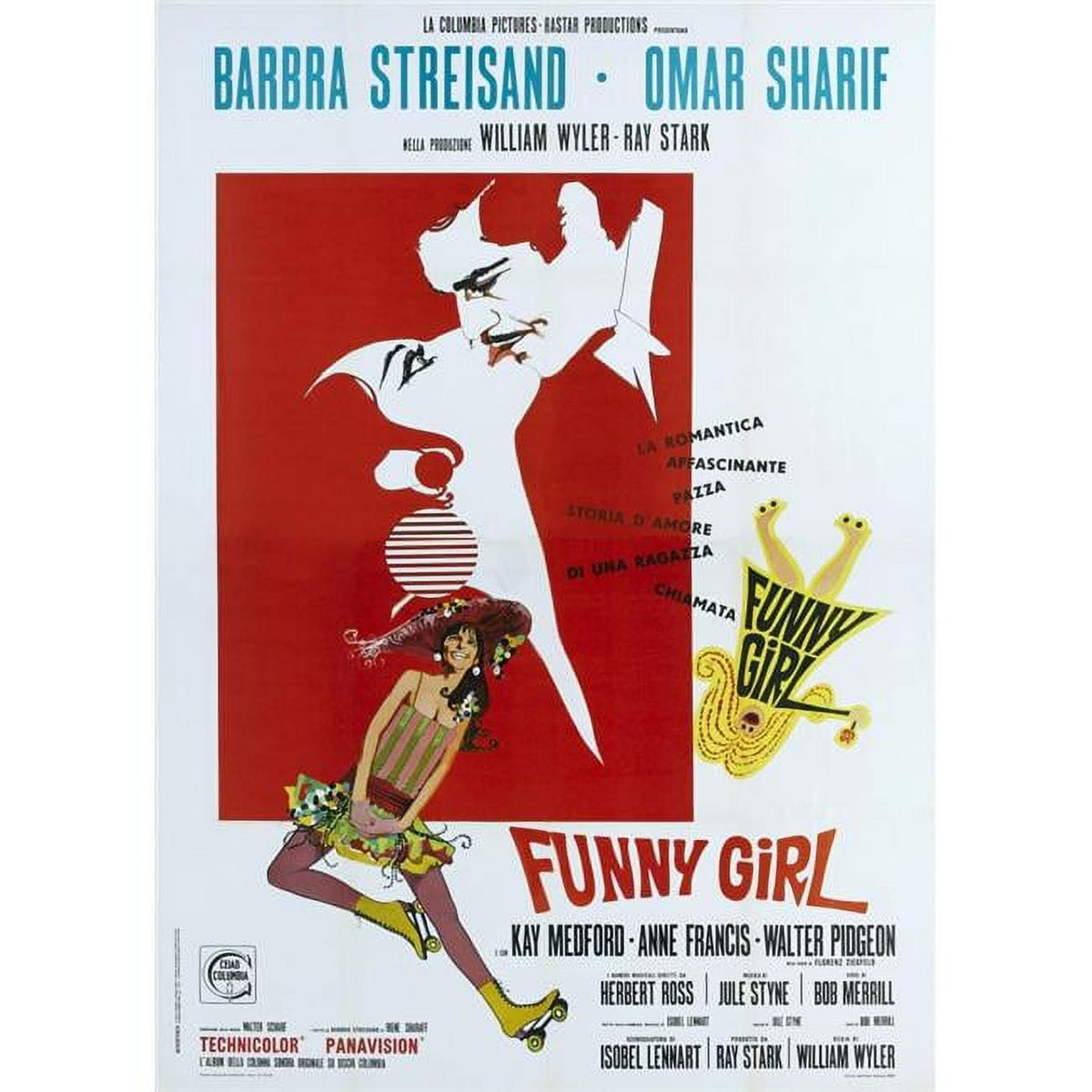 Funny Girl movie poster print featuring Barbra Streisand and Omar Sharif, 1968 film.
