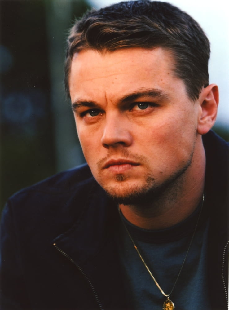 Close-up portrait photo print of Leonardo DiCaprio in black leather jacket.