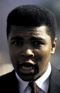 Muhammad Ali making a face photo print, vibrant colors, sports poster