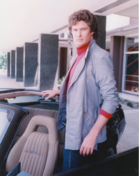 David Hasselhoff standing on a car wearing a grey coat photo print.