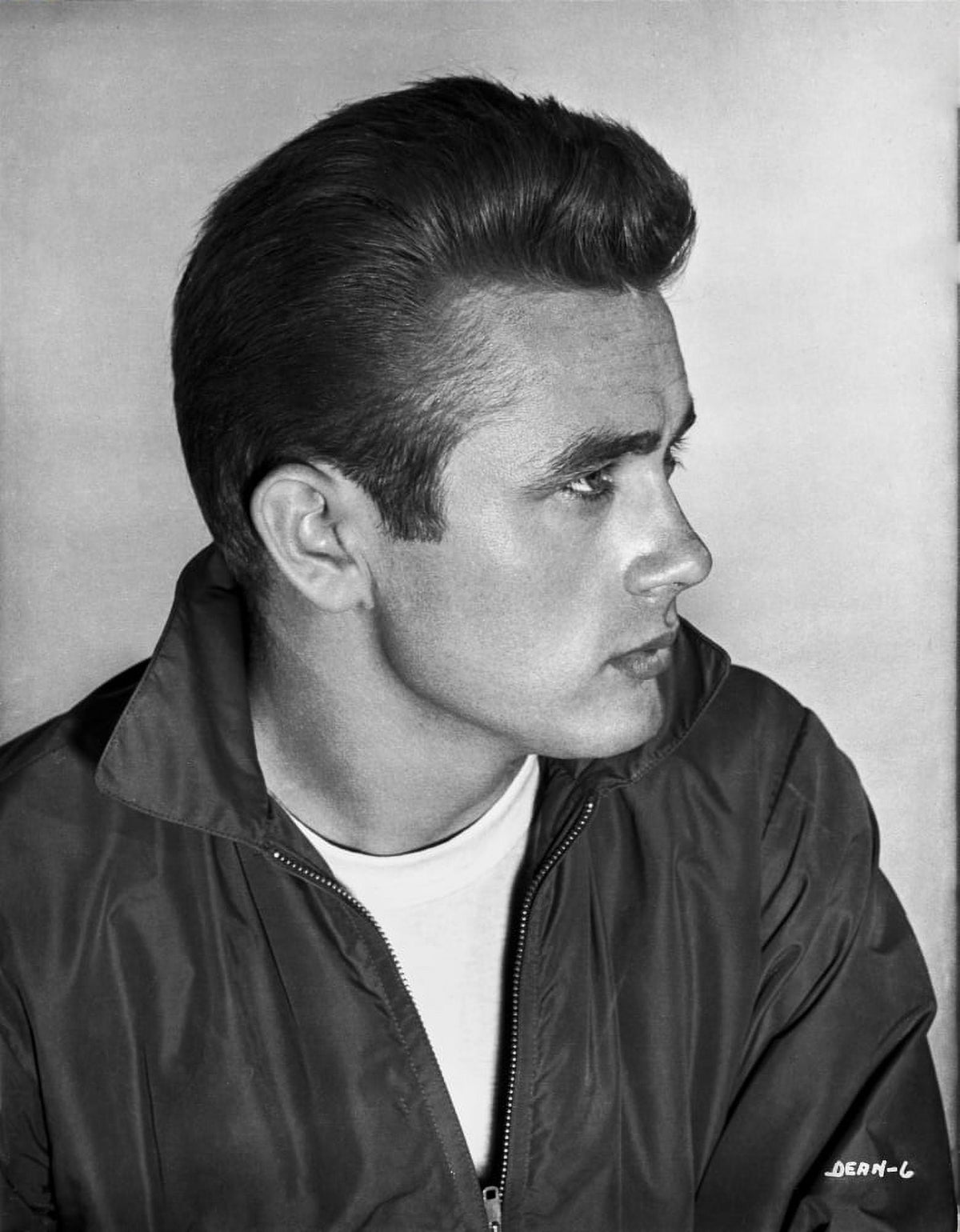 James Dean portrait in black velvet jacket and t-shirt looking straight photo print.