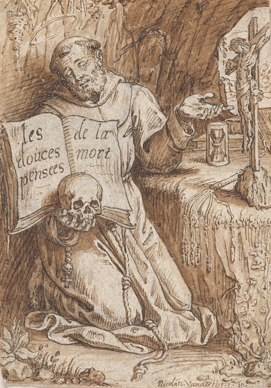 Saint Francis Kneeling in a Grotto holding a book and skull art print by Nicolaas van der Horst