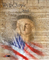 Photo print of the Constitution with Flag and Statue of Liberty