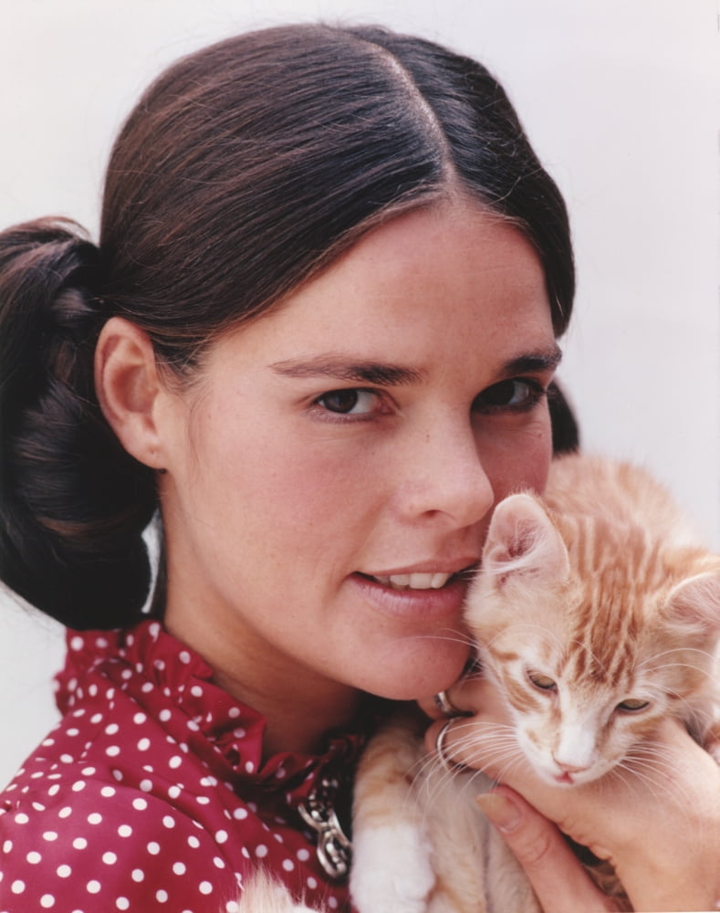 Ali MacGraw posed in red dress with kitten photo print