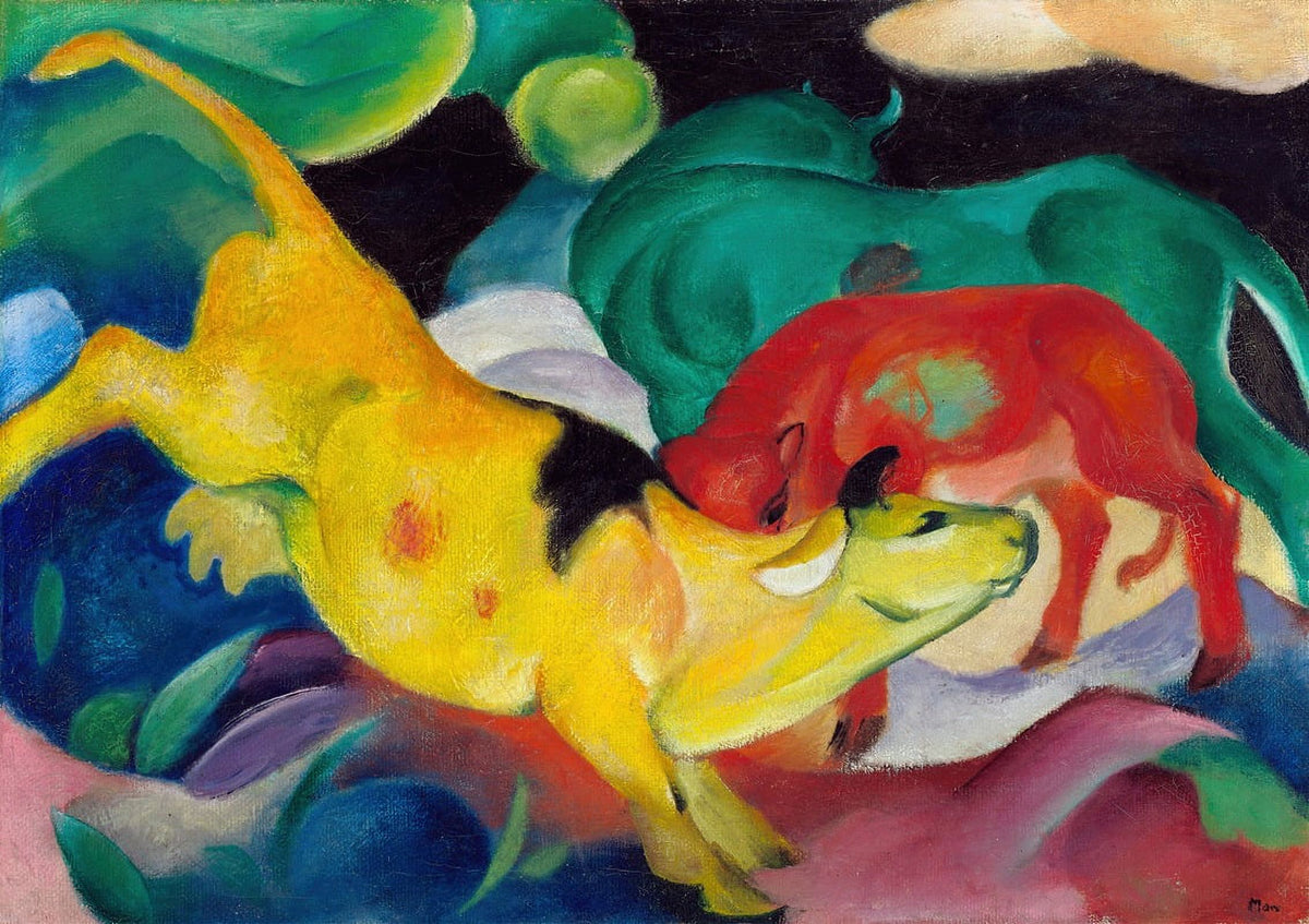 Cows abstract art poster print by Franz Marc featuring vibrant red, green, and yellow colors.